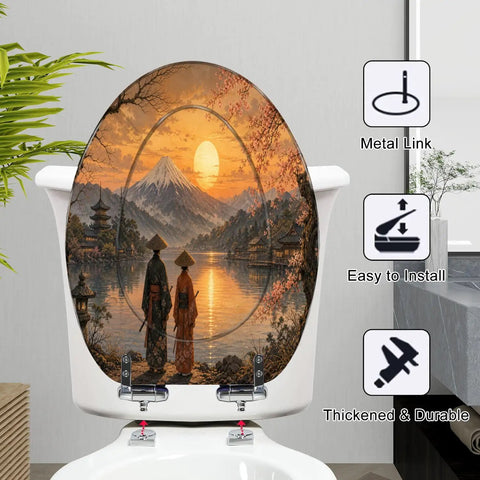 Elongated Mount Sunset Landscape Cherry Blossoms Traditional Toilet Seat featuring a scenic mountain view design and soft-close hinge.
