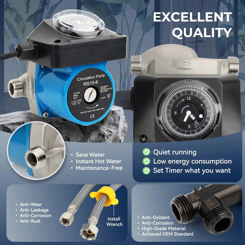 Heavy Duty Hot Water Recirculating Pump Kit For Tank Water Heaters Featuring Programmable Timer And Two Sturdy Brass Bypass Valves, top view showing timer and pump details.