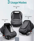 Waterproof Baby Car Seat Cover For Winter And Rain, Windproof Infant Canopy With Breathable Side Vents And Soft Minky Dot Lining, demonstrating 3 usage modes on car seats, black