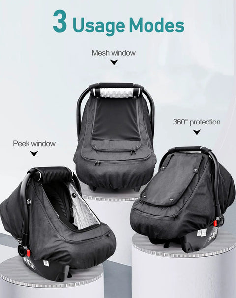 Waterproof Baby Car Seat Cover For Winter And Rain, Windproof Infant Canopy With Breathable Side Vents And Soft Minky Dot Lining, demonstrating 3 usage modes on car seats, black