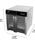 No Nonsense 8 Tray Food Dehydrator For Crankin Out Homestyle Beef Jerky Crispy Veggies And Sweet Fruit With Smart Temp Knob and dimensions shown.
