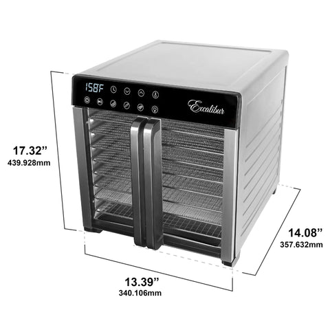 No Nonsense 8 Tray Food Dehydrator For Crankin Out Homestyle Beef Jerky Crispy Veggies And Sweet Fruit With Smart Temp Knob and dimensions shown.