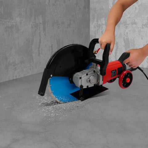14 Inch Electric Concrete Saw and Wall Grooving Machine with Slick Rolling Base and Water System for Zero Dust 4000W 3000 RPM cutting through concrete with water spray.
