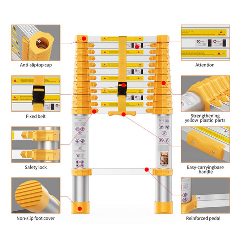 Diagram of 12.5 Foot Telescoping Extension Ladder Heavy Duty Aluminum Alloy With Upgraded Materials and button features