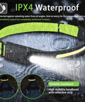 Rechargeable Headlamp With Five Light Modes And 230 Degree Wide Beam Spotlight, Motion Sensor, Lightweight Waterproof LED Headlight shown in rain