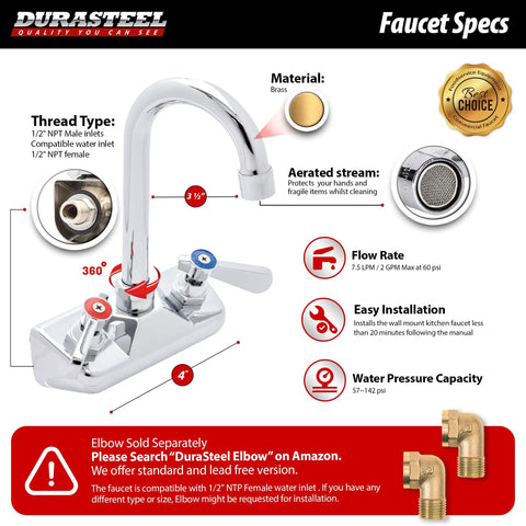 Wall Mount Commercial Hand Sink Faucet With 4 Inch Center, 3-1/2 Gooseneck Spout Rotates 360 Degrees, brass material illustration