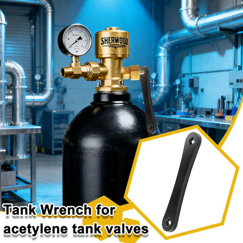 Built Like A Tank Heavy Duty Acetylene Tank Wrench for B and MC valves with secure grip shown on industrial cylinder
