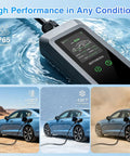 Level 2 Ev Charger With 40 Amp 240V Juice For Quick Hookups And A Heavy Duty 25 Ft Cord showcasing waterproof features and usage in various conditions.