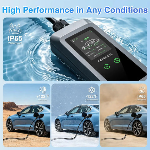 Level 2 Ev Charger With 40 Amp 240V Juice For Quick Hookups And A Heavy Duty 25 Ft Cord showcasing waterproof features and usage in various conditions.