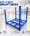 Built Like A Tank Portable Stack Racks 4000 Lb Capacity Each 8 Pack Set shown from an angle with blue steel frame for easy forklift access.