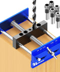 Upgraded 6.7 Inch Self Centering Doweling Jig Kit for Precise Straight Holes with drill bit and bushings on wooden board