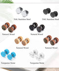 8 Pairs 16G And 18G Wood Turquoise And Stainless Steel Fake Ear Gauges Set For Men And Women Punk Barbell Stud Earrings.