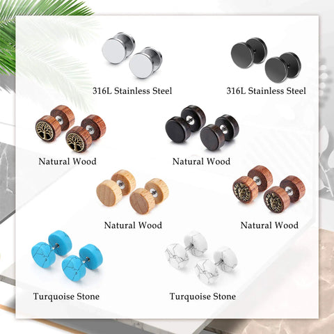 8 Pairs 16G And 18G Wood Turquoise And Stainless Steel Fake Ear Gauges Set For Men And Women Punk Barbell Stud Earrings.