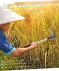 Person using a stainless steel sickle in a rice field under sunlight