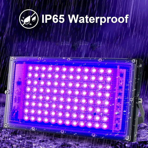 Two Pack 100W UV Black Lights For Glow Parties And Stage Lighting IP65 Waterproof Beefy Ultraviolet Lamps glowing in rain