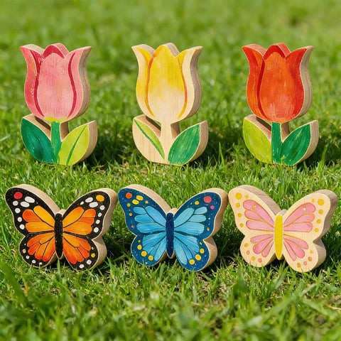 Spring Wood Cutouts Painting Kit 6 Pack Tulip And Butterfly Shapes Unfinished Blank Wood Slices on green grass