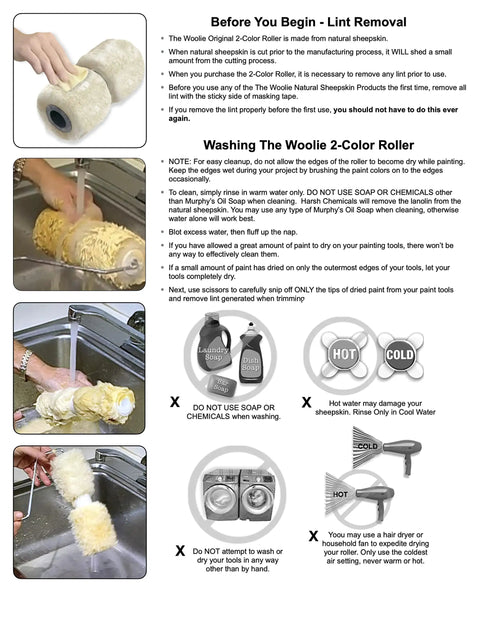Step-by-step guide for lint removal and washing Two Color Faux Finish Paint Roller Kit For Beginners with Australian sheepskin.