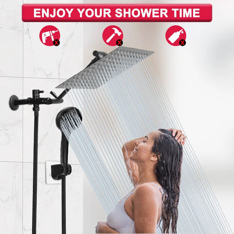 Woman enjoying shower with 10 Inch High Pressure Rainfall Shower Head Kit With 11 Inch Adjustable Arm And 9-Setting Handheld