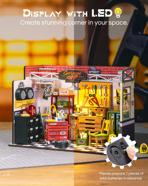 DIY Miniature House Kit Garage Workshop With LED Lights, 1:20 scale model, colorful tools and accessories, ambient LED display