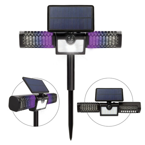 Solar Powered 2in1 Bug Zapper And Flood Light Outdoor Insect Killer with 18W UV Lamp and 1200V High Voltage Weatherproof Pest Control