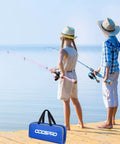 Kids with fishing rods by lake, showcasing the Kids Fishing Pole Starter Kit With Tackle Box Reel Practice Plug Beginner Guide And Travel Bag 2 Pack In Blue And Light Pink 1.5M 4.92Ft For Boys And Girls.