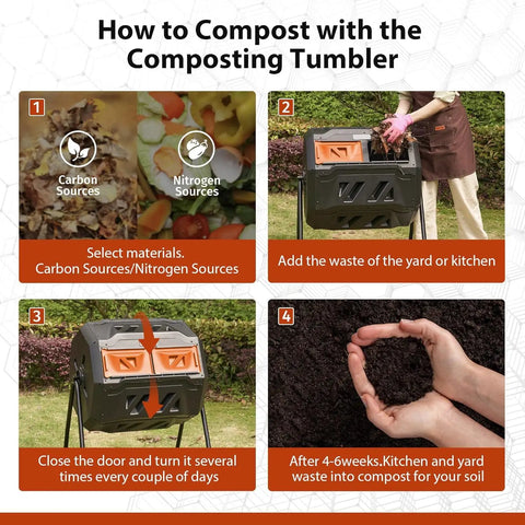 43-Gallon Dual Chamber Compost Tumbler With 360 Degree Rotating Design, Steel Frame, shown with composting instructions