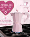 Pink Stovetop Espresso Maker 6 Cup Moka Pot With Heart Knob For Rich Aromatic Espresso At Home Italian And Cuban Style Coffee Pot on stove