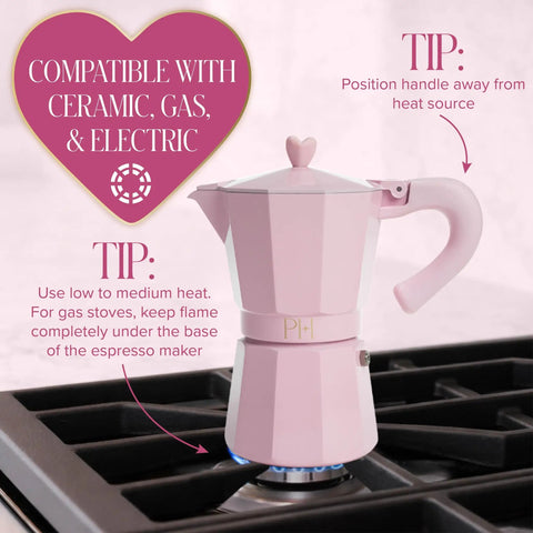 Pink Stovetop Espresso Maker 6 Cup Moka Pot With Heart Knob For Rich Aromatic Espresso At Home Italian And Cuban Style Coffee Pot on stove