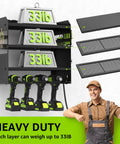 Modular Power Tool Organizer Wall Mount Garage Shelf With Four Tiers displaying 33lb weight capacity per layer