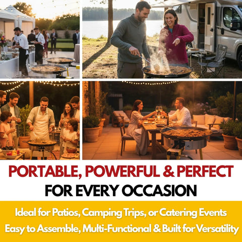 Outdoor Paella Burner And Stand Kit With 24 Inch Enamel Pan Dual Propane Stove Regulator Weatherproof Cover For Camping Crawfish Boil Tailgating And Big Outdoor Feasts used at various gatherings.