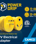 PowerGrip Heavy Duty RV 15 Amp Male To 30 Amp Female Electrical Adapter in yellow with ETL certification labels