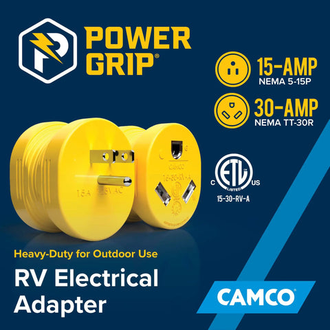 PowerGrip Heavy Duty RV 15 Amp Male To 30 Amp Female Electrical Adapter in yellow with ETL certification labels