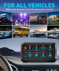 Beefed Up Eight Gang Switch Panel With Momentary On Off Touch Control for 12V and 24V vehicles shown in dashboard setup.