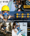 Collage of RF-610 Full Face Respirator Mask used in industrial painting and woodworking, highlighting safety features and design