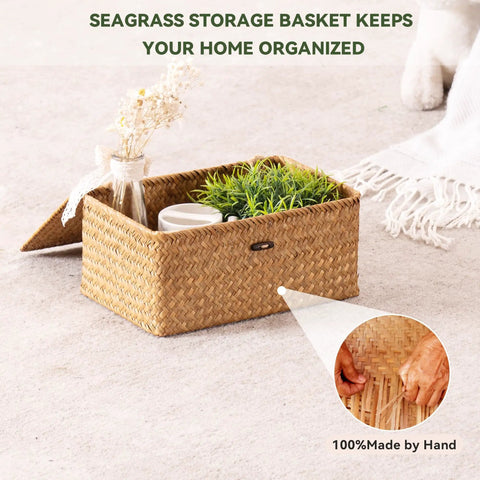 Real Deal Natural Seagrass Wicker Storage Baskets Set Of Three Hand Woven Shelf Organizers With Secure Lids For Closet Living Room Organization Eco Friendly Home Decor