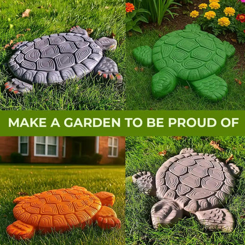 Turtle Stepping Stone Mold For Garden Concrete Pavers in colorful yard setups showcasing reusable DIY tortoise molds.
