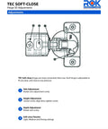 Diagram showing TEC Soft Close Cabinet Hinges 3D adjustments for side, height, depth, and tension settings.
