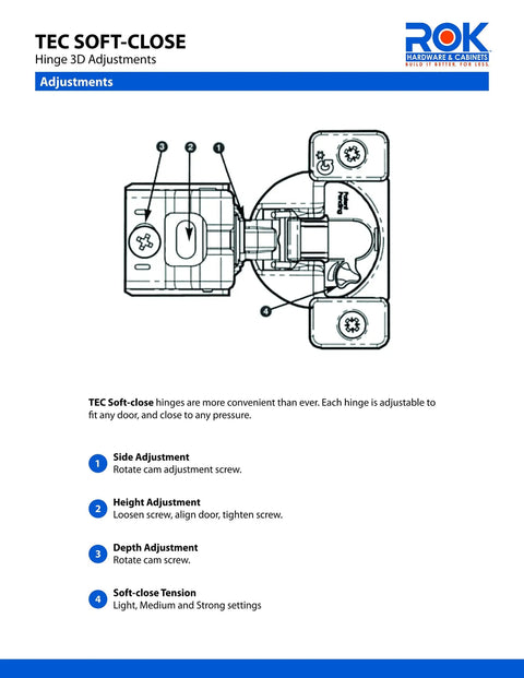 Diagram showing TEC Soft Close Cabinet Hinges 3D adjustments for side, height, depth, and tension settings.