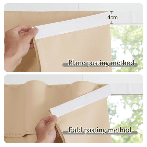 Hands applying Biscotti Beige Sidelight Blackout Curtains For Doors Farmhouse Self Stick Window Blinds with Velcro