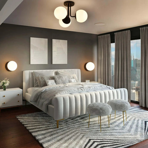 Bedroom with Matte Black Modern Globe Wall Sconce 1 Light With Opal Glass Shade and mid-century decor.