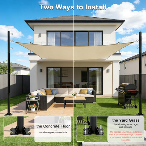 Patio with 2 Pack 12 Ft Adjustable Shade Sail Poles Kit For Outdoors, Heavy Duty Rust Resistant Metal Posts, no fuss setup.