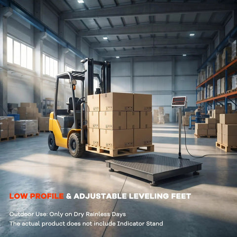 Tough As Nails Industrial Floor Scale For Warehouses Featuring 48 By 48 Inch Platform And 5000 Pound Capacity, with stacked boxes on a pallet.