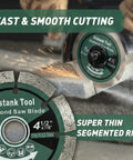 Job Ready 4.5 Inch Diamond Blades For Angle Grinders 2 Pack Featuring Heavy Duty Segmented Turbos For Crisp Concrete Stone Brick And Granite Cuts Dry Wet Operation, showing a diamond saw blade cutting concrete.