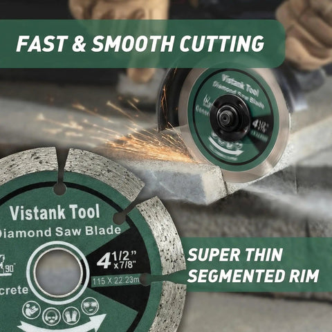 Job Ready 4.5 Inch Diamond Blades For Angle Grinders 2 Pack Featuring Heavy Duty Segmented Turbos For Crisp Concrete Stone Brick And Granite Cuts Dry Wet Operation, showing a diamond saw blade cutting concrete.