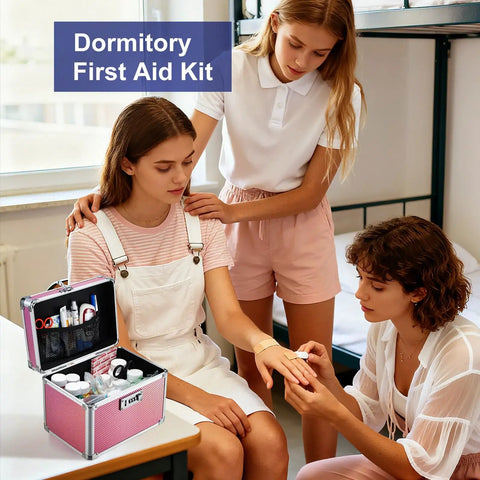 Pink Three Digit Combination Lock Box For Medication And Valuables Portable Locking Storage Case in dorm setup beside students.
