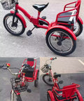 Red folding cruiser trike for kids aged 2 to 10 with dual brakes, tandem rear passenger seat, adjustable spoke wheels
