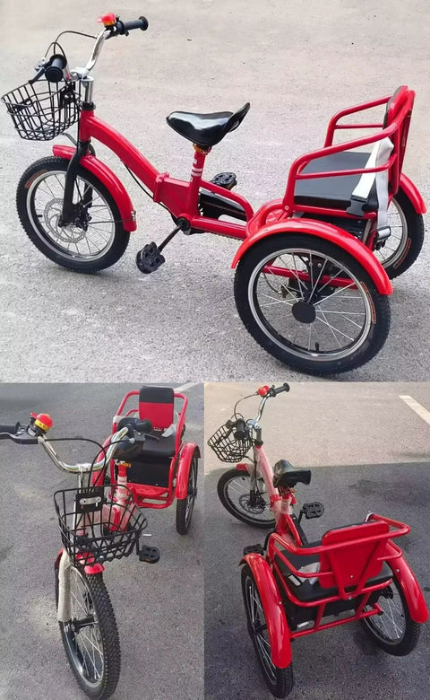 Red folding cruiser trike for kids aged 2 to 10 with dual brakes, tandem rear passenger seat, adjustable spoke wheels