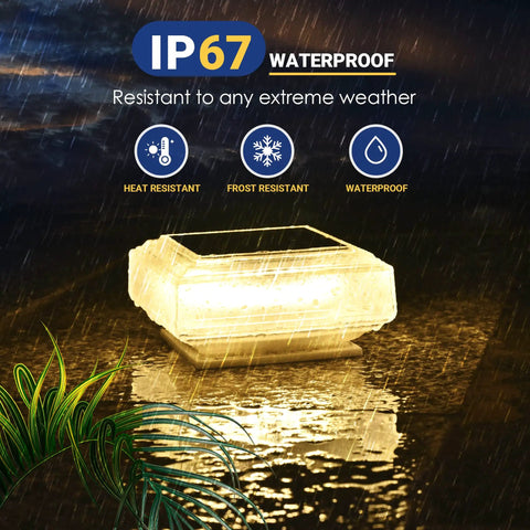 Easy Install Solar Post Lights For Fence Deck And Patio, 30 LED Warm White Post Cap Lights demonstrating waterproof feature