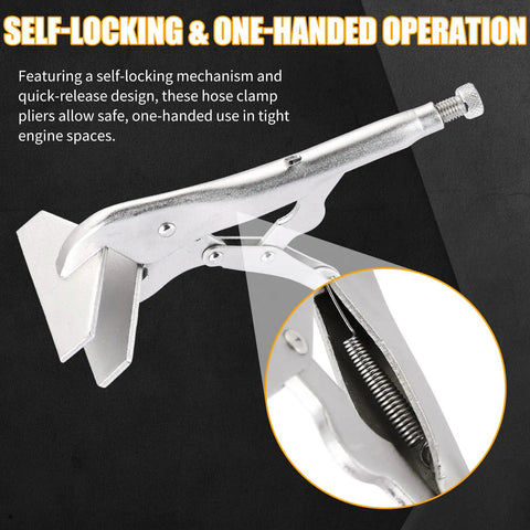 Heavy Duty 10 Inch Locking Sheet Metal Clamps, High Carbon Steel Welding Pliers With Corrosion Proof Nickel Plate Finish, showing self-locking mechanism.