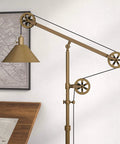 Pulley System Floor Lamp With Ribbed Glass Shade In Blackened Bronze And Clear, Adjustable 70 Inch Tall Lighting next to desk